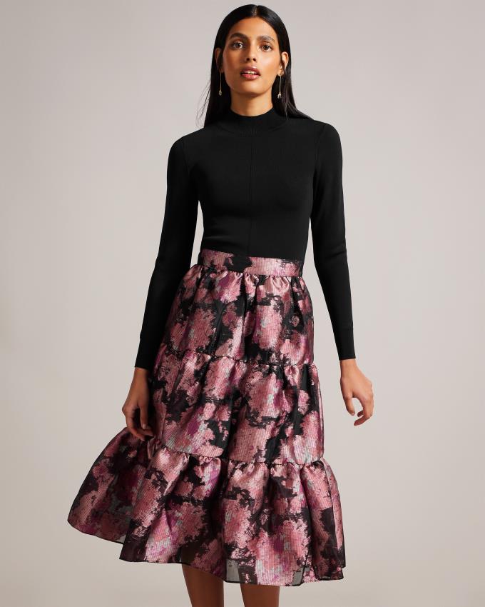 Peignoir Ted Baker Knit Bodice With Tiered Midi Noir Femme | NBO-39004190